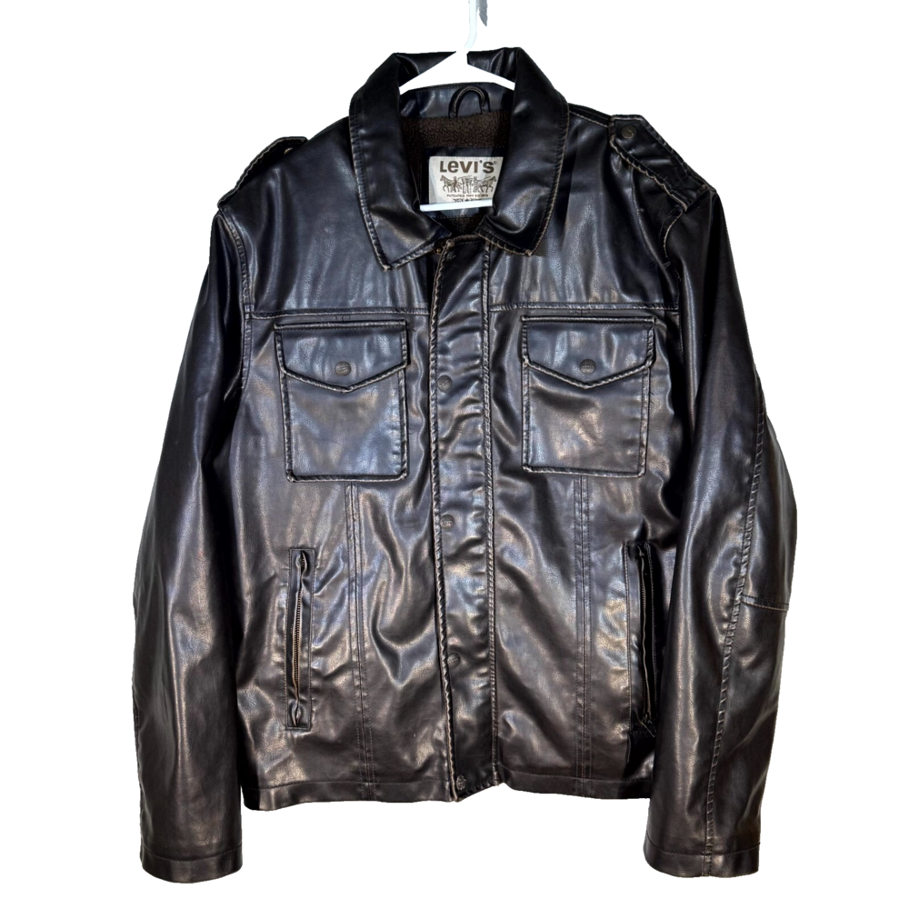 Levi’s Men’s Large Brown Faux Leather Trucker Jacket Sherpa Fleece Lined